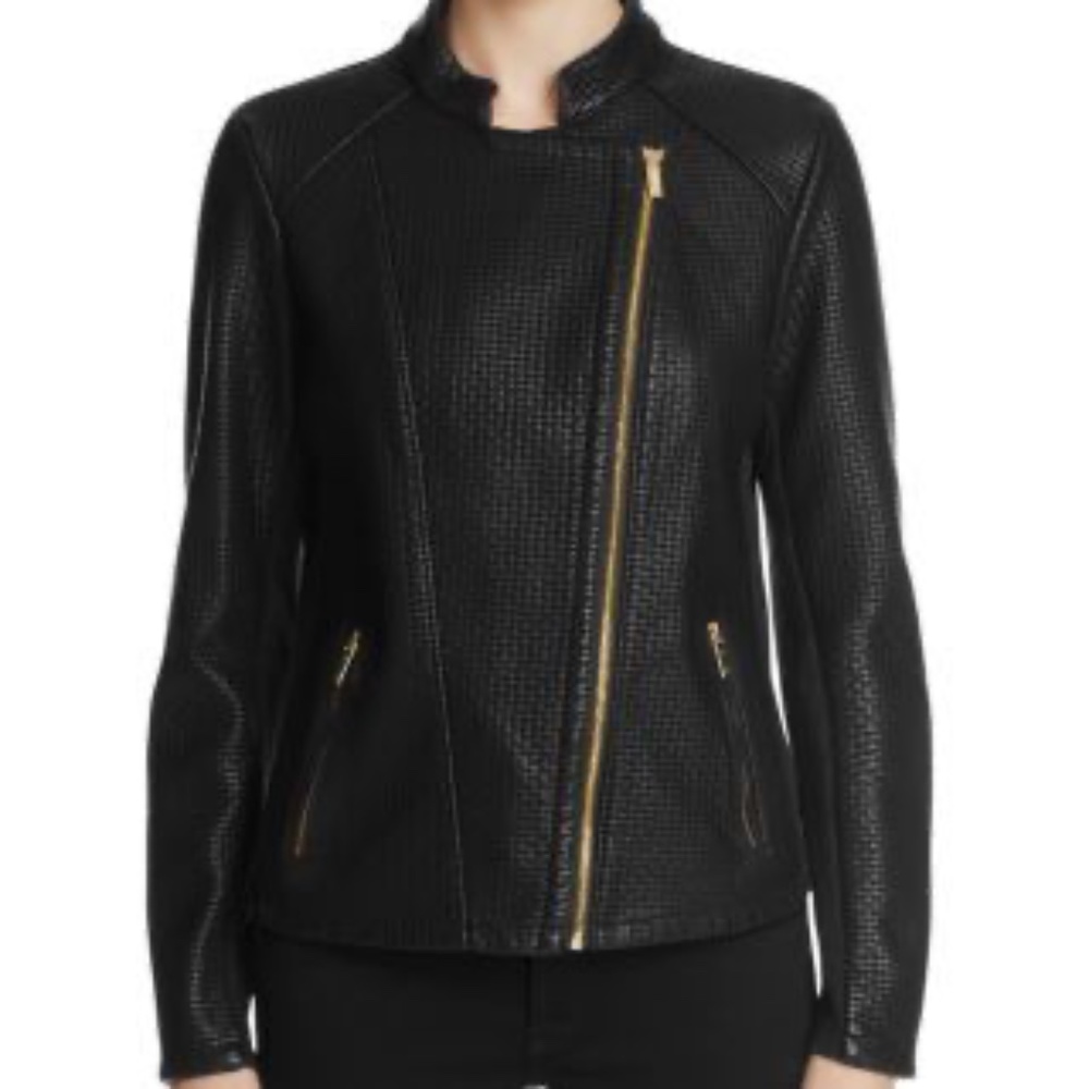 Calvin Klein Black leather Moto Jacket w Gold Zipper/Cuffs/ Pockets & Closure M - Picture 9 of 9